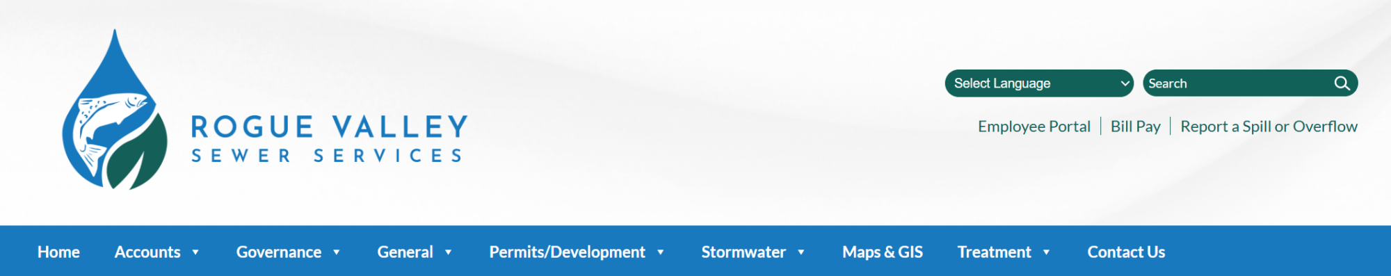 Sample website header with water drop logo on left and thick blue line with proposed tabs along the bottom